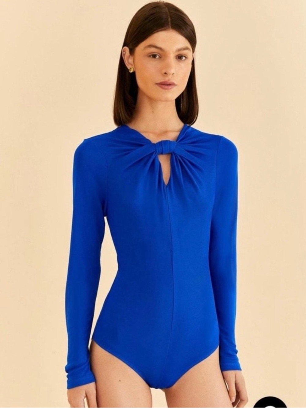 FARM Rio Cobalt Blue Long-Sleeve Knot-Front Bodysuit
